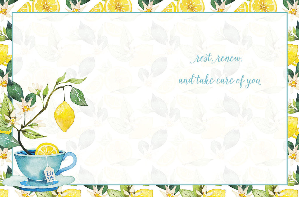 Inside of a soothing comfort card with 'rest, renew, and take care of you' text, featuring a border of watercolor lemons and a subtle leaf pattern for a friend.
