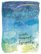 Front of a heartfelt greeting card for loss, featuring a watercolor celestial night sky with stars and a shooting star, deep blues and greens, with "with deepest Sympathy" script.