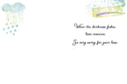 Inside of a comforting condolence card, showing a white background with subtle watercolor accents, text reads "When the darkness fades, love remains. So very sorry for your loss."