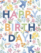 Vibrant watercolor floral birthday greeting card for a child, featuring 'HAPPY BIRTHDAY!' text surrounded by colorful flowers, blue birds, yellow lemons, and butterflies on a white background.