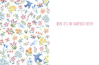 Open cute birthday card with a watercolor floral pattern on the left, including flowers, birds, and butterflies. The right side is blank with "HOPE IT'S THE HAPPIEST EVER!" text in pink.