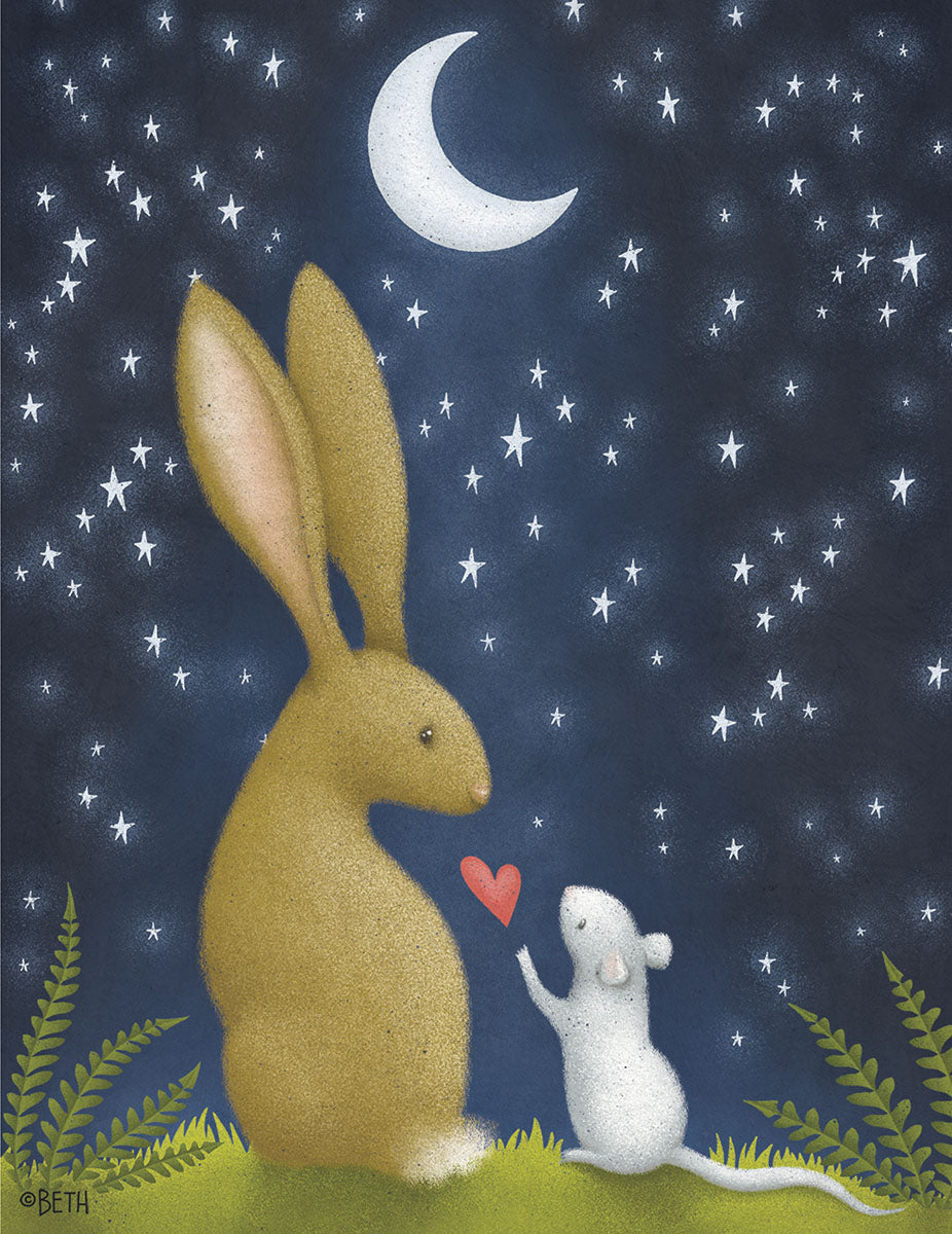 Cute rabbit and mouse greeting card under a starry moonlit sky, mouse offering a red heart to the rabbit, perfect for a special pal.