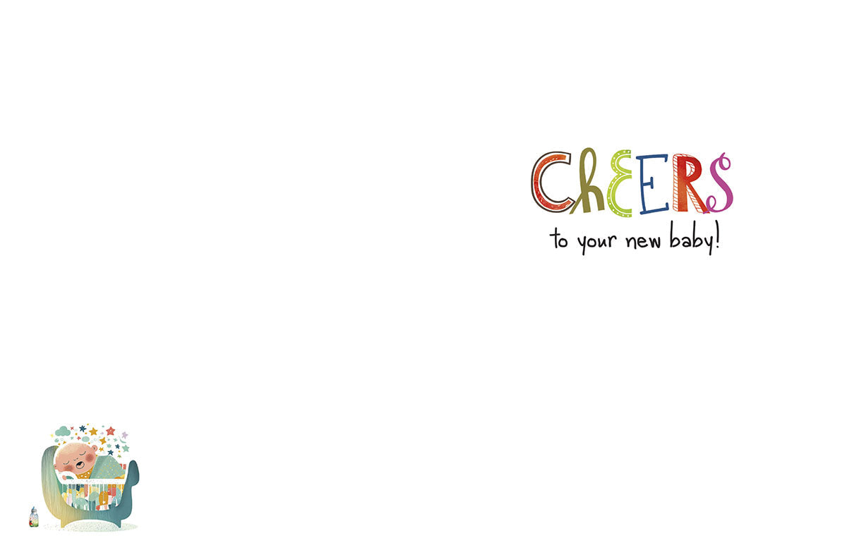 Inside view of a new baby greeting card showing the message 'CHEERS to your new baby!' in colorful text. A small illustration of a sleeping baby in a crib is in the bottom left corner, leaving ample space for a personalized message.