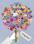 Vibrant floral congratulations greeting card featuring a hand holding a colorful bouquet with a 'Congrats!' tag, perfect for celebrating achievements.