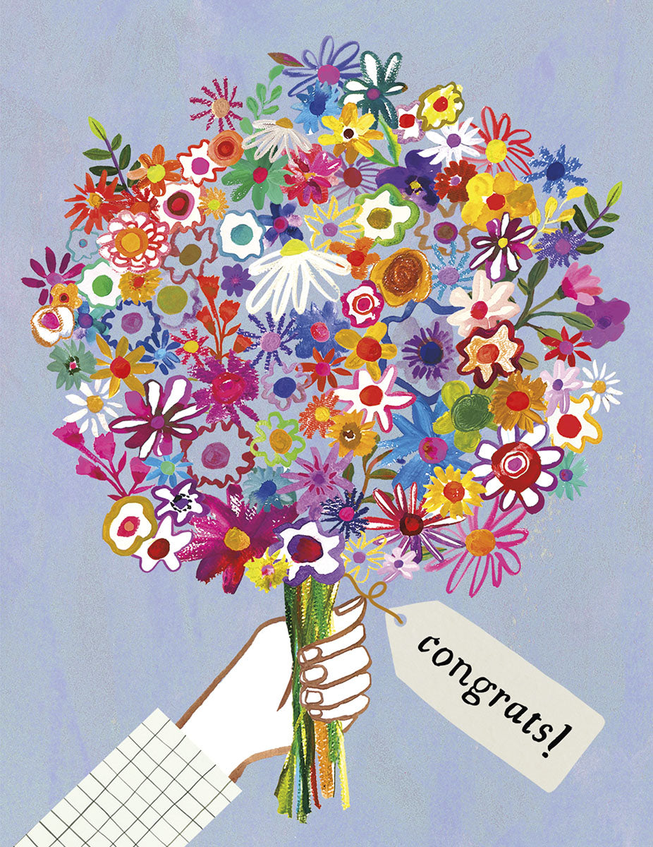 Vibrant floral congratulations greeting card featuring a hand holding a colorful bouquet with a 'Congrats!' tag, perfect for celebrating achievements.