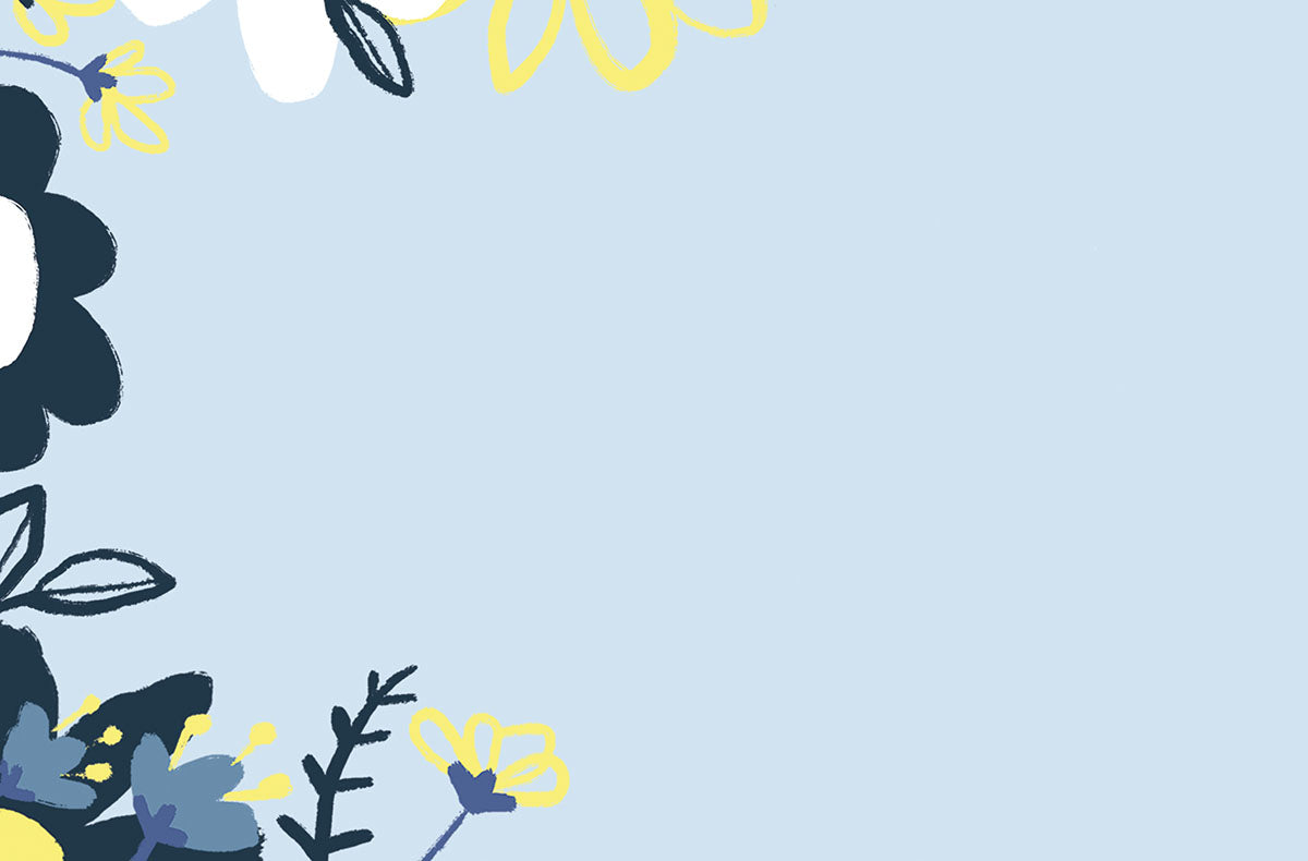 Blank inside of a heartfelt sympathy greeting card, showing a corner of the delicate blue, yellow, and white floral design on a light blue background, ready for a personalized message of support.