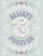 Elegant wedding greeting card featuring 'Always & Forever' in decorative script with a delicate floral and lace-inspired border on a soft mint green background. Perfect for newlywed couples.