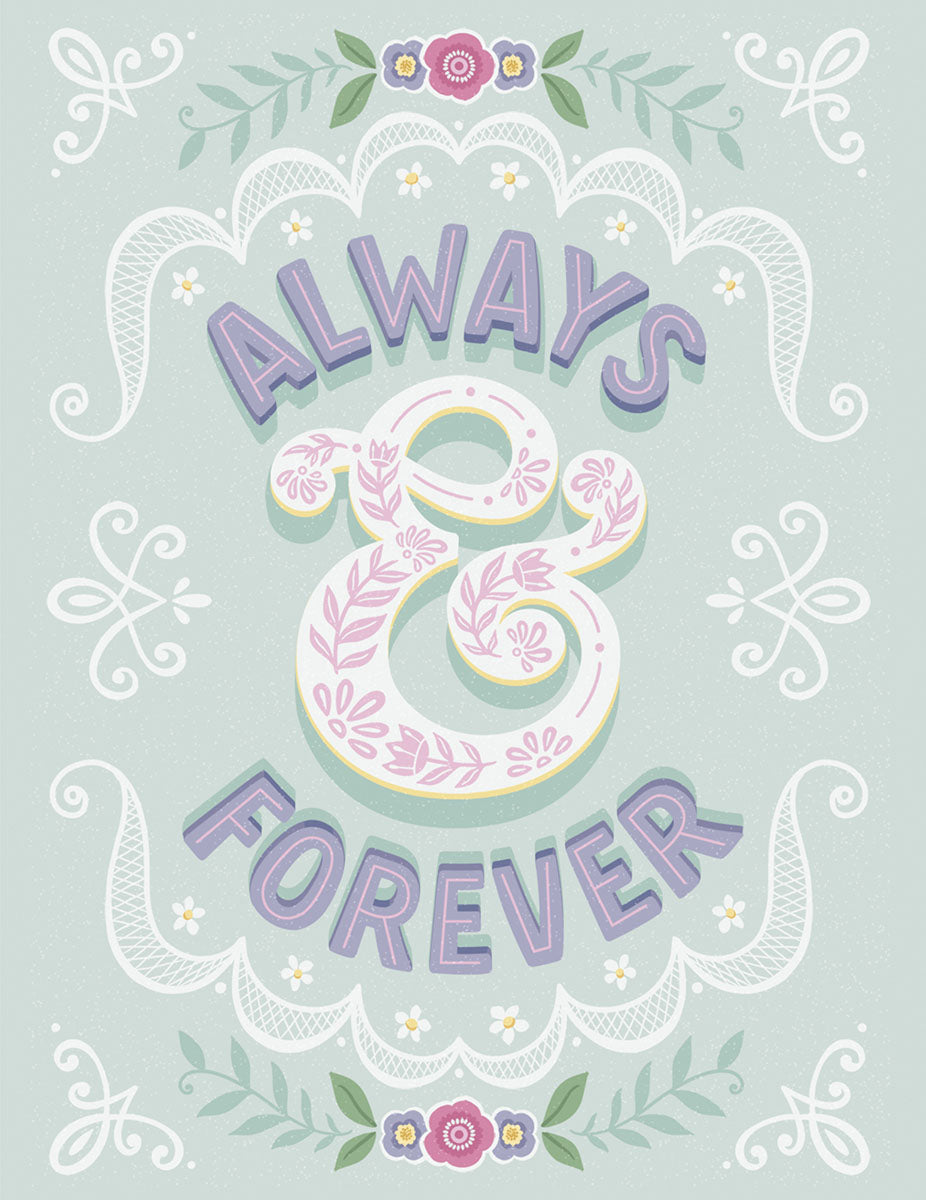 Elegant wedding greeting card featuring 'Always & Forever' in decorative script with a delicate floral and lace-inspired border on a soft mint green background. Perfect for newlywed couples.