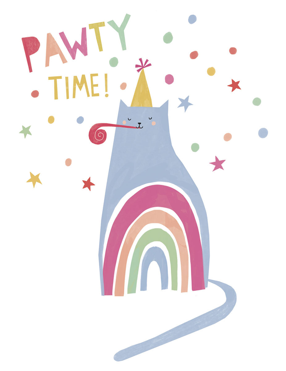 Front of a cute birthday greeting card featuring a light blue cat wearing a yellow party hat and blowing a pink party horn. The cat has a rainbow on its belly and is surrounded by colorful confetti and stars. The card text reads 'PAWTY TIME!'.