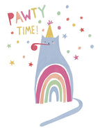 Front of a cute birthday greeting card featuring a light blue cat wearing a yellow party hat and blowing a pink party horn. The cat has a rainbow on its belly and is surrounded by colorful confetti and stars. The card text reads 'PAWTY TIME!'.