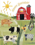 Front of a cheerful farm-themed greeting card featuring a red barn, windmill, bright yellow sun, and various whimsical farm animals including a cow, two pigs, a sheep, and two chickens in a green field, with "HAPPY BIRTHDAY" inscribed at the top.