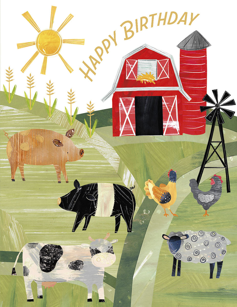 Front of a cheerful farm-themed greeting card featuring a red barn, windmill, bright yellow sun, and various whimsical farm animals including a cow, two pigs, a sheep, and two chickens in a green field, with "HAPPY BIRTHDAY" inscribed at the top.