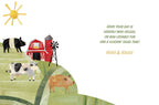 Inside view of an open greeting card with a whimsical farm scene continuing on the left, featuring a barn, windmill, sun, cow, and pigs. The right side displays a humorous, pun-filled birthday message in green script: "HOPE YOUR DAY IS UDDERLY MOO-VELOUS, UN-BAA-LIEVABLY FUN AND A CLUCKIN' GOOD TIME! HOGS & KISSES".