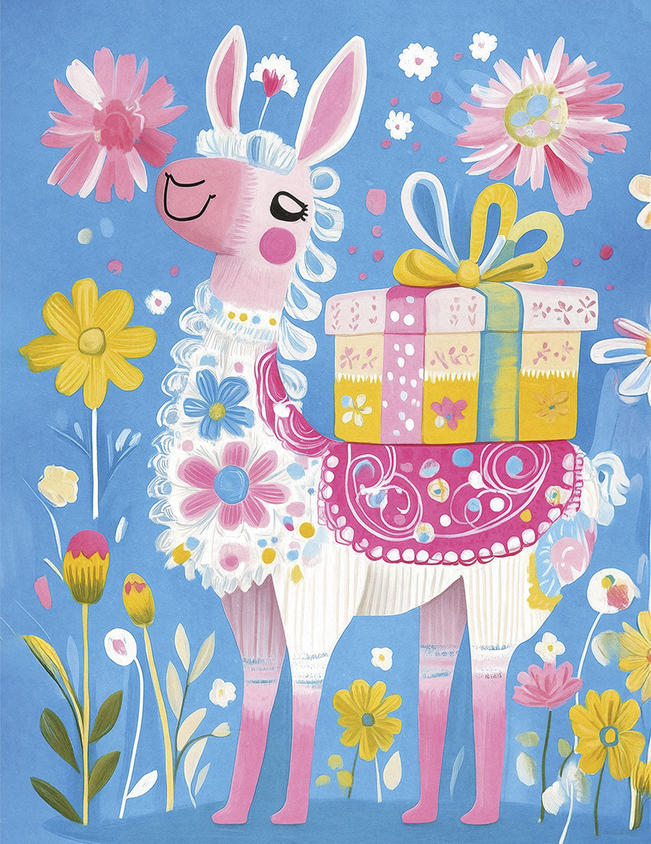Front of a cute birthday card featuring a pink and white llama decorated with whimsical flowers, carrying a colorful gift box on its back, all surrounded by vibrant floral illustrations against a bright blue background. Perfect for a child's birthday.