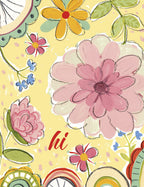 Vibrant hand-painted floral greeting card with pink, yellow, and blue flowers on a yellow background, featuring the word 'hi' in script. Perfect for any occasion.