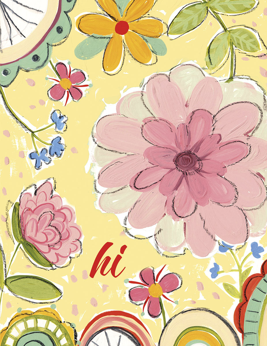 Vibrant hand-painted floral greeting card with pink, yellow, and blue flowers on a yellow background, featuring the word 'hi' in script. Perfect for any occasion.
