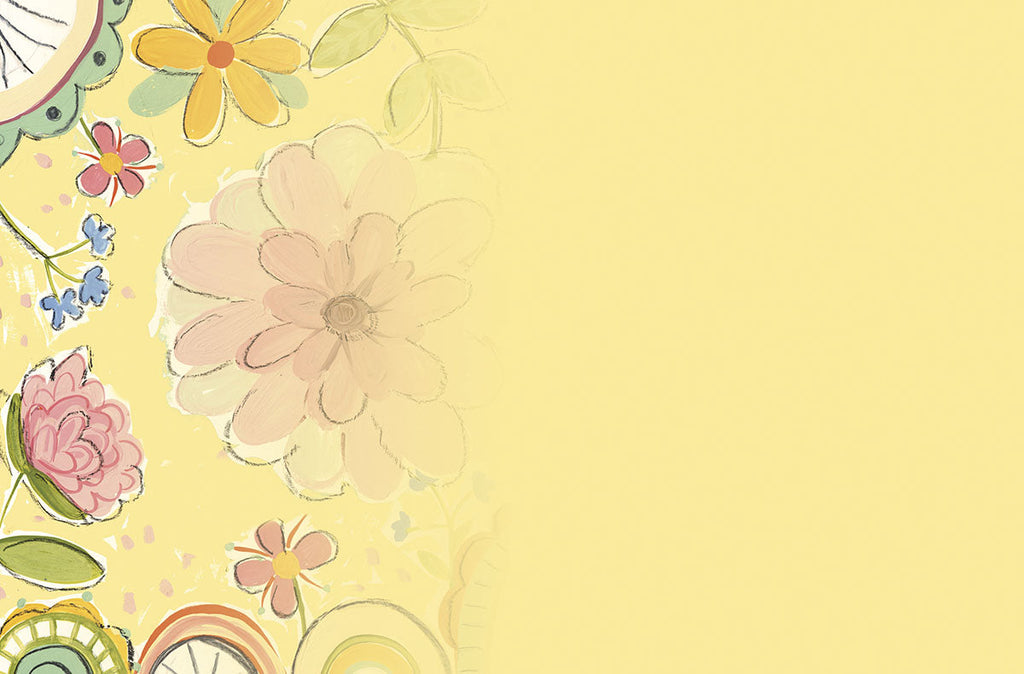 Inside view of a cheerful floral greeting card with colorful hand-painted flowers on the left, transitioning to a soft yellow background for personalized messages.