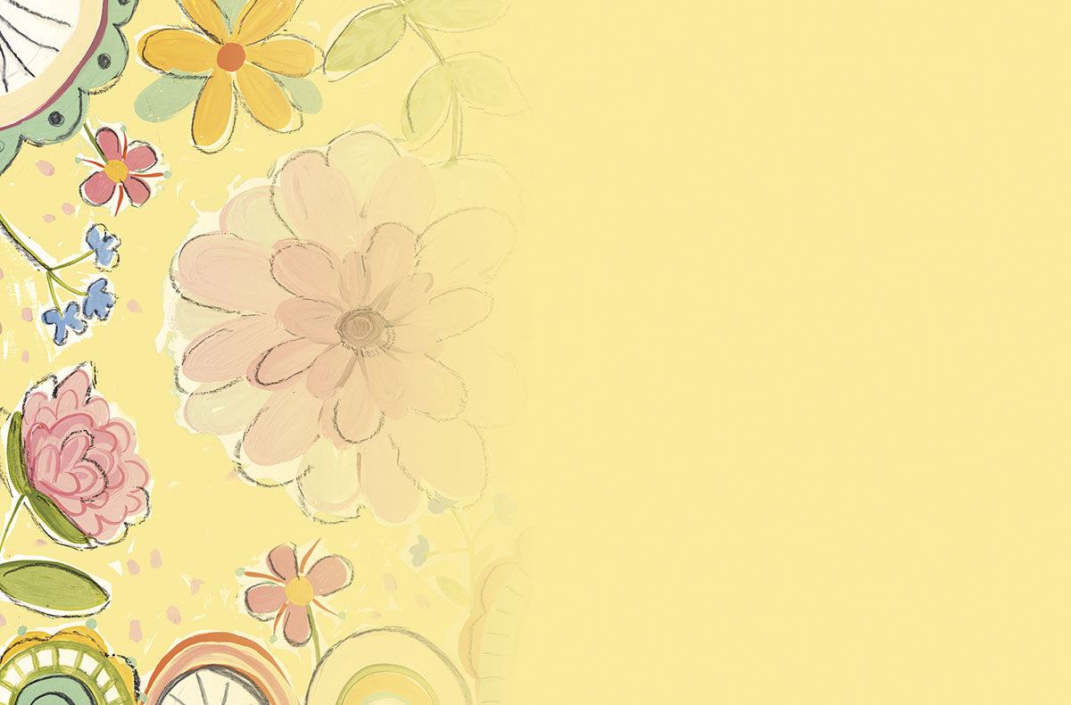 Inside view of a cheerful floral greeting card with colorful hand-painted flowers on the left, transitioning to a soft yellow background for personalized messages.