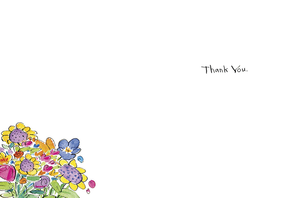 Inside of a heartfelt thank you card with watercolor floral details in the bottom left corner. Simple black text on the right side reads: 'Thank You.'