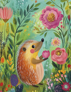 Cute hedgehog holding a pink flower in a vibrant garden, perfect for a heartfelt appreciation card.