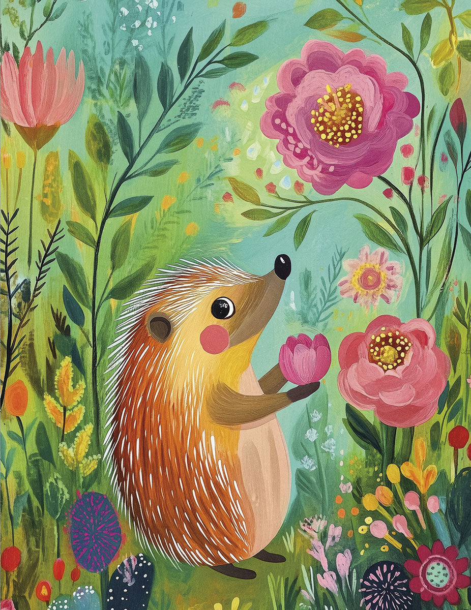 Cute hedgehog holding a pink flower in a vibrant garden, perfect for a heartfelt appreciation card.