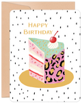 Charming greeting card featuring a whimsical slice of celebration cake with colorful frosting, sprinkles, a cherry on top, and a playful leopard print layer, set against a modern polka dot background.