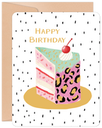 Charming greeting card featuring a whimsical slice of celebration cake with colorful frosting, sprinkles, a cherry on top, and a playful leopard print layer, set against a modern polka dot background.