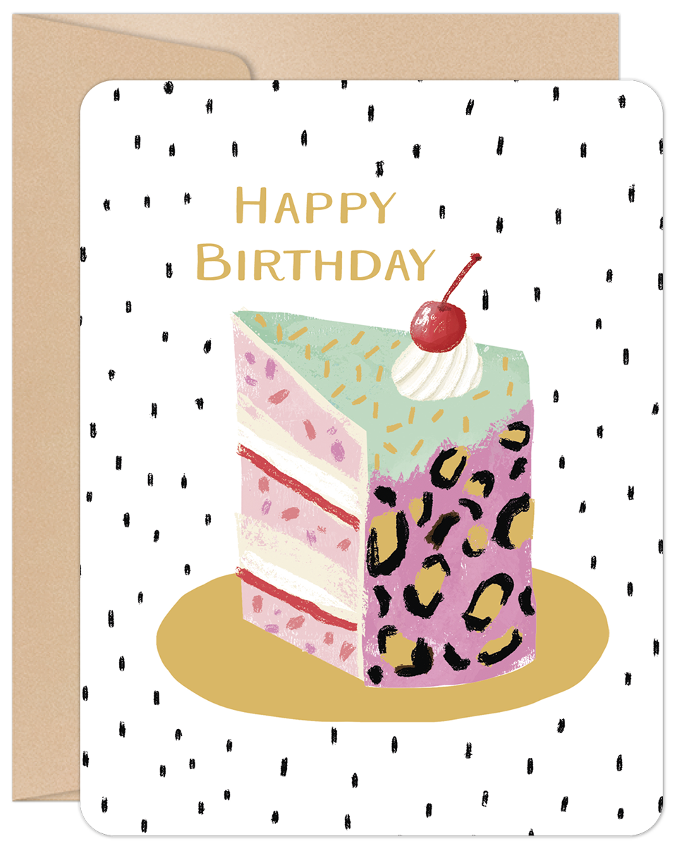 Charming greeting card featuring a whimsical slice of celebration cake with colorful frosting, sprinkles, a cherry on top, and a playful leopard print layer, set against a modern polka dot background.