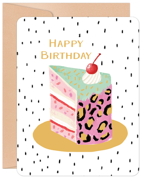 Charming greeting card featuring a whimsical slice of celebration cake with colorful frosting, sprinkles, a cherry on top, and a playful leopard print layer, set against a modern polka dot background.