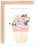 Charming watercolor floral cupcake birthday greeting card with pink frosting and 'SWEET BIRTHDAY WISHES' text, featuring a kraft envelope.