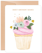 Charming watercolor floral cupcake birthday greeting card with pink frosting and 'SWEET BIRTHDAY WISHES' text, featuring a kraft envelope.