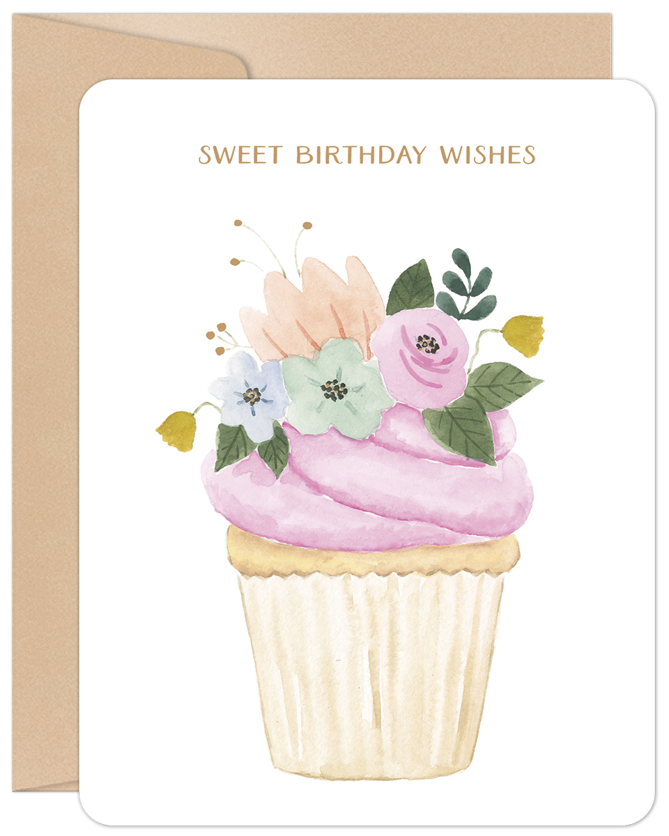Charming watercolor floral cupcake birthday greeting card with pink frosting and 'SWEET BIRTHDAY WISHES' text, featuring a kraft envelope.