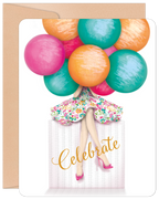 Front of a cute birthday greeting card for her, featuring a whimsical doll-like figure in a floral dress surrounded by colorful pink, orange, and teal balloons, with 'Celebrate' in elegant gold script. Perfect friend birthday card with a cheerful design.