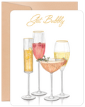 Elegant greeting card featuring an illustration of four diverse sparkling wine and champagne cocktails in various glasses, with "Get Bubbly" in gold script at the top. The card has rounded corners and rests on a kraft paper envelope. Perfect for celebrations and birthdays.