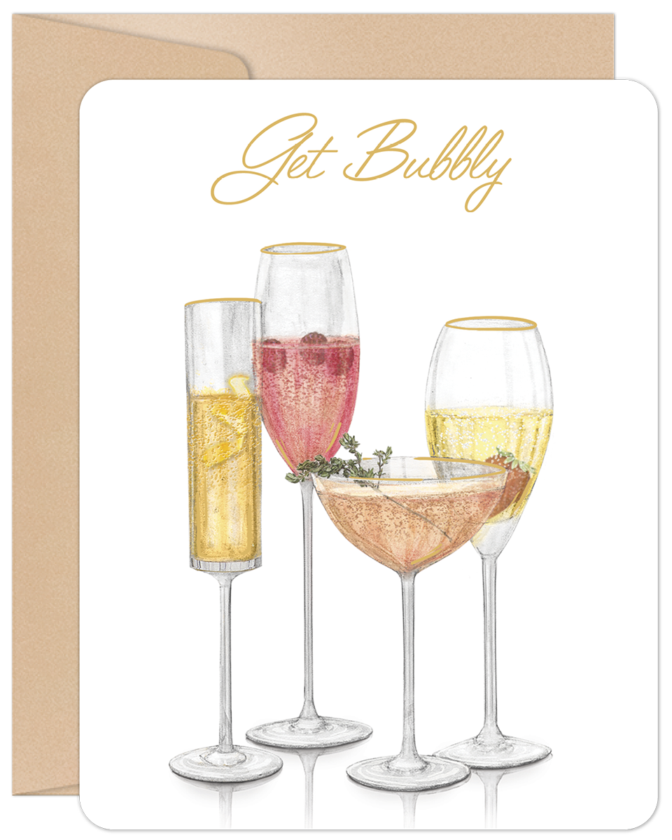 Elegant greeting card featuring an illustration of four diverse sparkling wine and champagne cocktails in various glasses, with "Get Bubbly" in gold script at the top. The card has rounded corners and rests on a kraft paper envelope. Perfect for celebrations and birthdays.