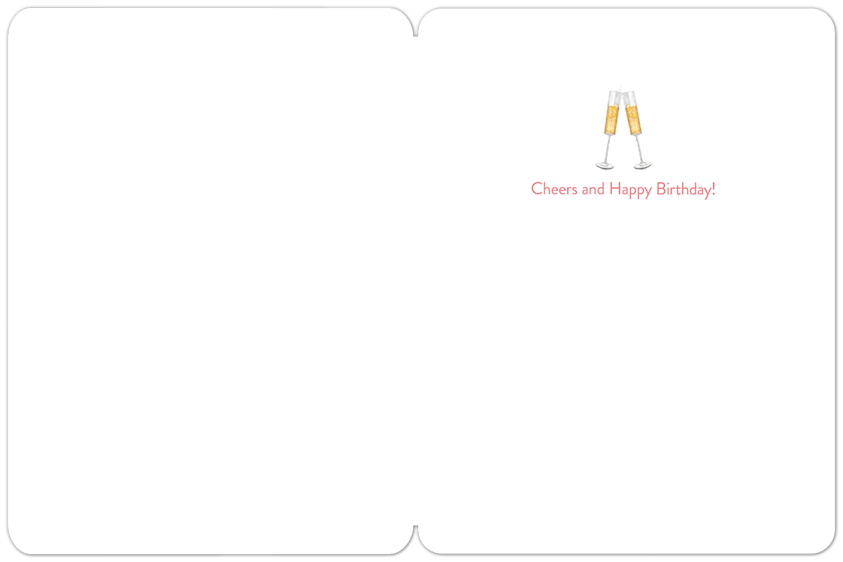 Open white greeting card with two clinking champagne flutes illustration and red text that reads 'Cheers and Happy Birthday!'. The design is elegant and simple, conveying a festive mood.