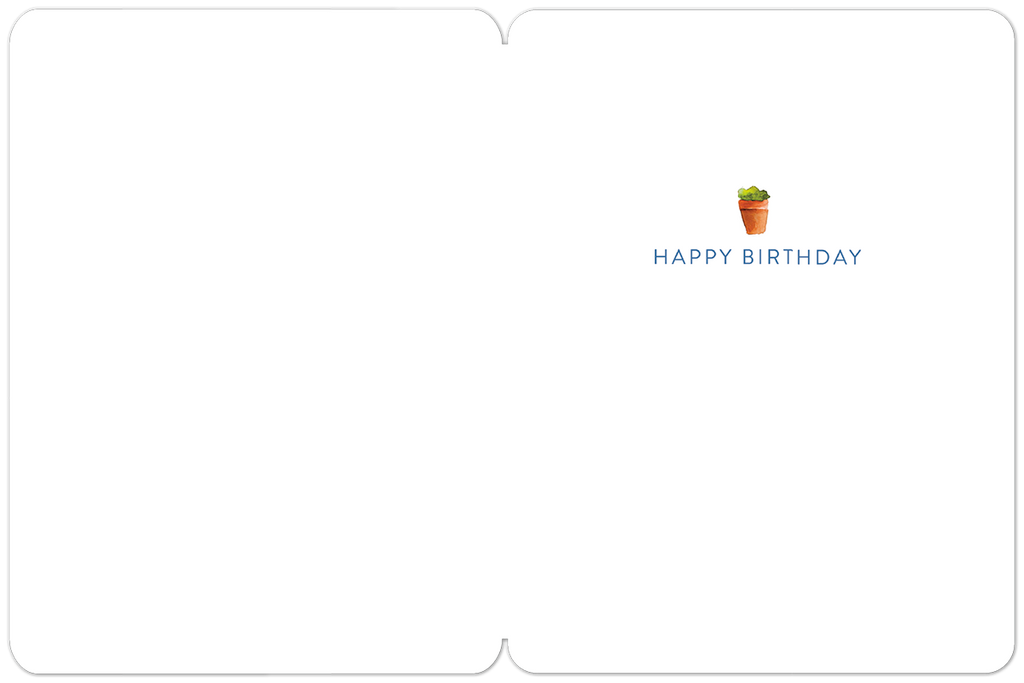 Inside view of a 'You Grow Girl' birthday card, showing a subtle watercolor potted plant illustration and the printed message 'HAPPY BIRTHDAY' on the right side.