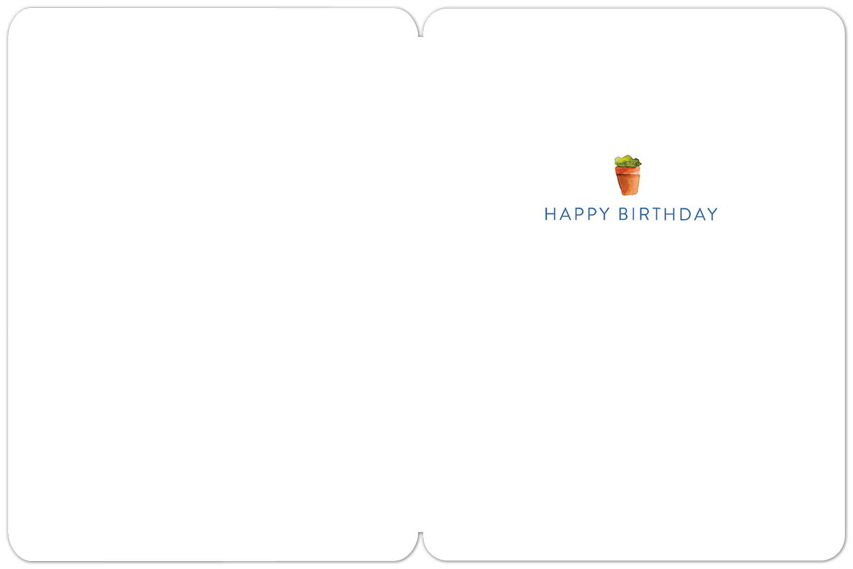 Inside view of a 'You Grow Girl' birthday card, showing a subtle watercolor potted plant illustration and the printed message 'HAPPY BIRTHDAY' on the right side.