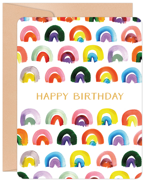 Vibrant watercolor rainbow birthday greeting card with 'Happy Birthday' text in gold, ideal for celebrating a friend's or child's special day.