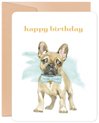 Cute French Bulldog wearing a blue polka dot bowtie on a white greeting card with 'happy birthday' text.