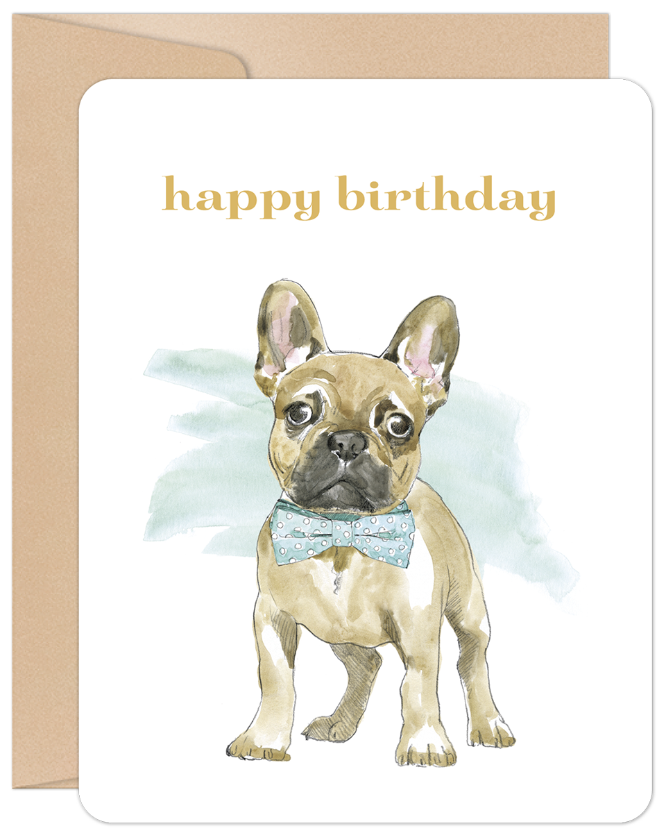 Cute French Bulldog wearing a blue polka dot bowtie on a white greeting card with 'happy birthday' text.