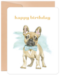 Cute French Bulldog wearing a blue polka dot bowtie on a white greeting card with 'happy birthday' text.