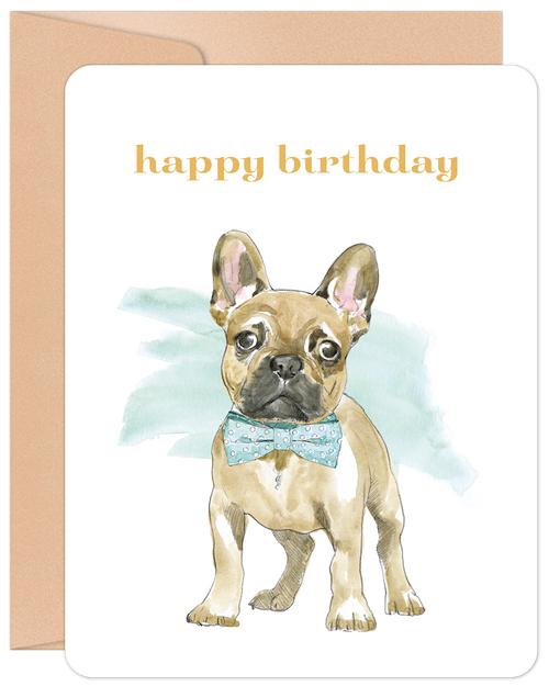Cute French Bulldog wearing a blue polka dot bowtie on a white greeting card with 'happy birthday' text.