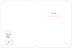 Inside of a lighthearted birthday greeting card with a small outline drawing of a French Bulldog and the text 'There will be cake, yes?' on the right, accompanied by a small teal bow tie illustration.