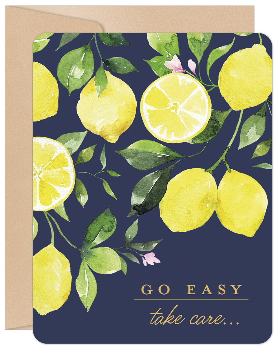 Front of 'Go Easy, Take Care' Get Well Soon card with watercolor lemons, green leaves on navy background, and kraft envelope.
