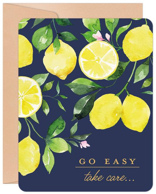 Front of 'Go Easy, Take Care' Get Well Soon card with watercolor lemons, green leaves on navy background, and kraft envelope.