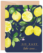 Vibrant watercolor lemon greeting card with green leaves on a dark blue background, featuring 'GO EASY take care...' in elegant script. Perfect for encouraging someone to feel better.