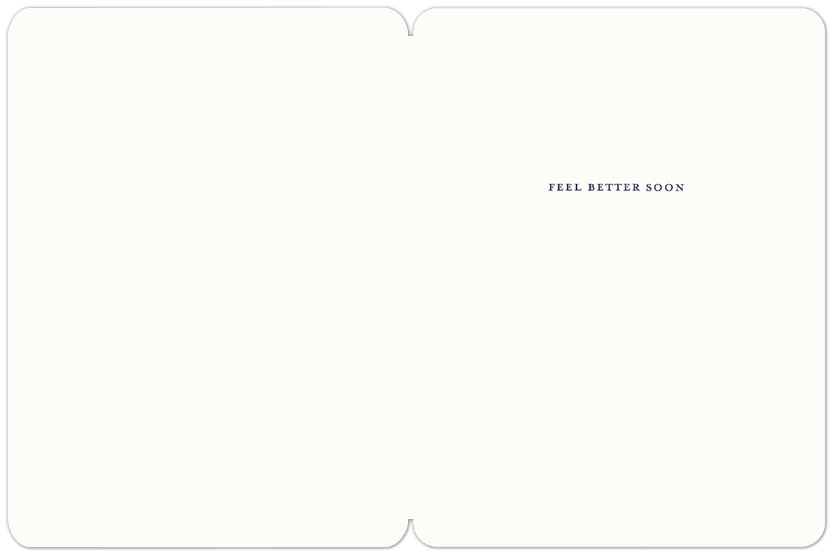 Inside of 'Go Easy, Take Care' Get Well Soon card, white background with 'FEEL BETTER SOON' text in navy.