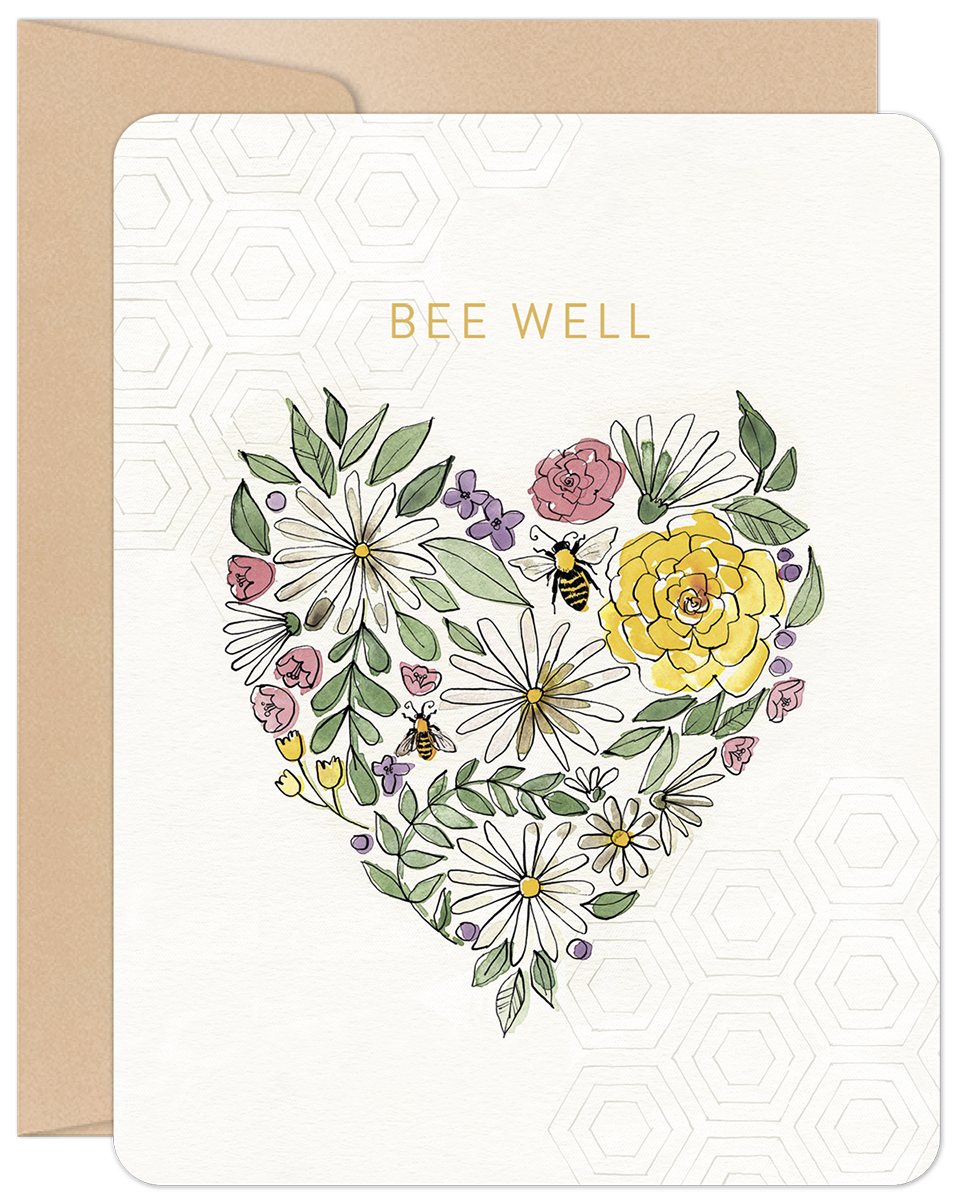 Front of a 'Bee Well' get well card featuring a heart made of colorful flowers and two small bees, with a subtle honeycomb pattern.