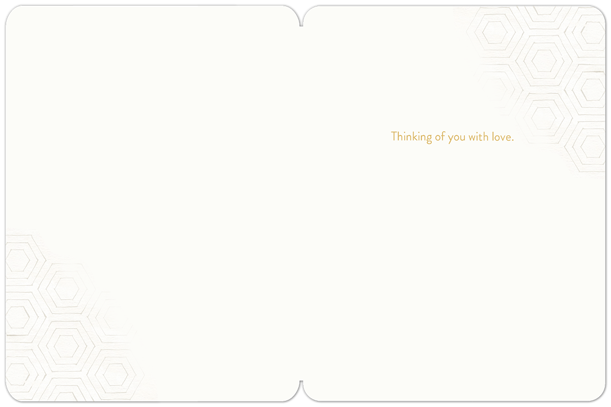 Inside of the 'Bee Well' get well card showing the message 'Thinking of you with love.' and subtle honeycomb details.